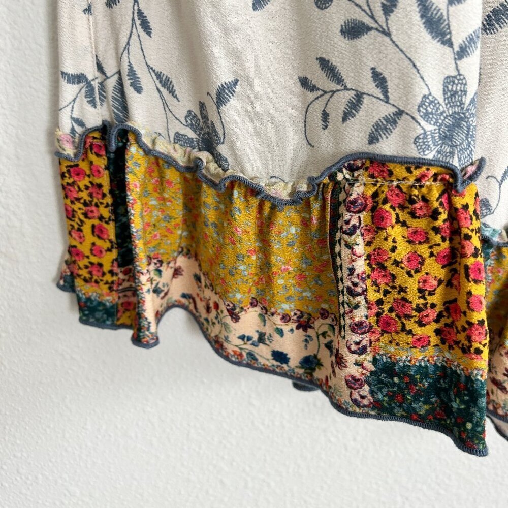 John Mark Shirt White Floral Peasant Top Tunic Ruffle Hem 3/4 Sleeves - Picture 3 of 9